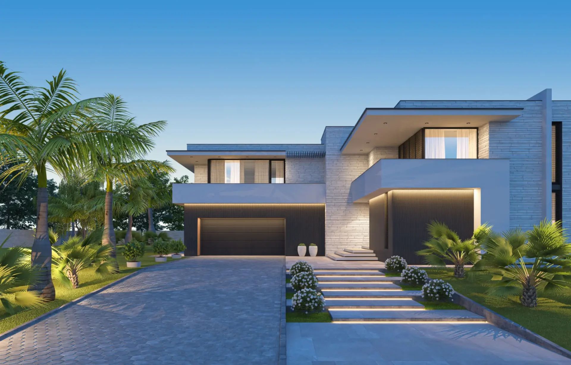Contemporary luxury villa with palm-lined driveway