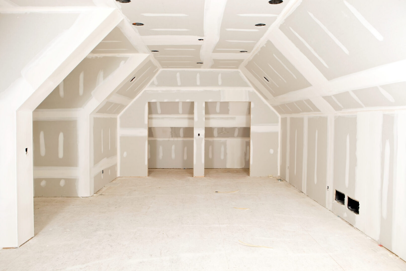 Newly constructed attic space with drywall
