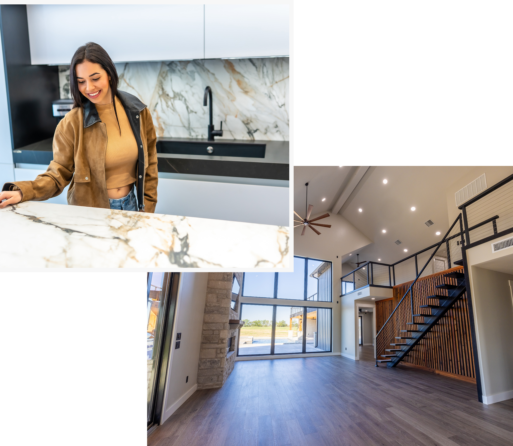 Woman in kitchen with marble countertop